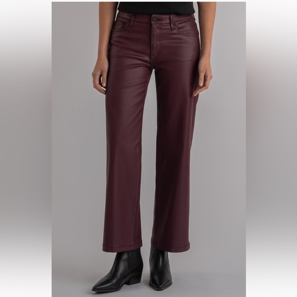 Kut From The Kloth Kelsey High Rise Kick Flare Cropped Coated Raw Hem Sangria 14